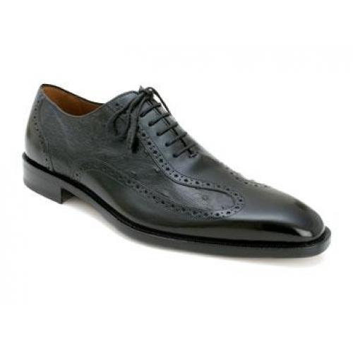 Mezlan "Castello" Black Genuine Ostrich Quill Shoes With Italian Calf-skin Linings